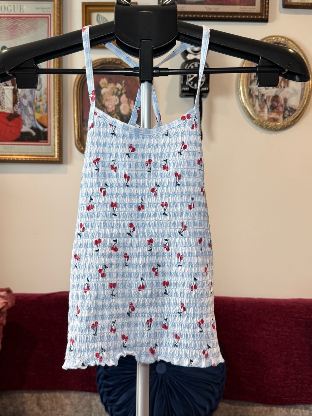 Smocked Cherry Print Cami  – Light Blue / Red